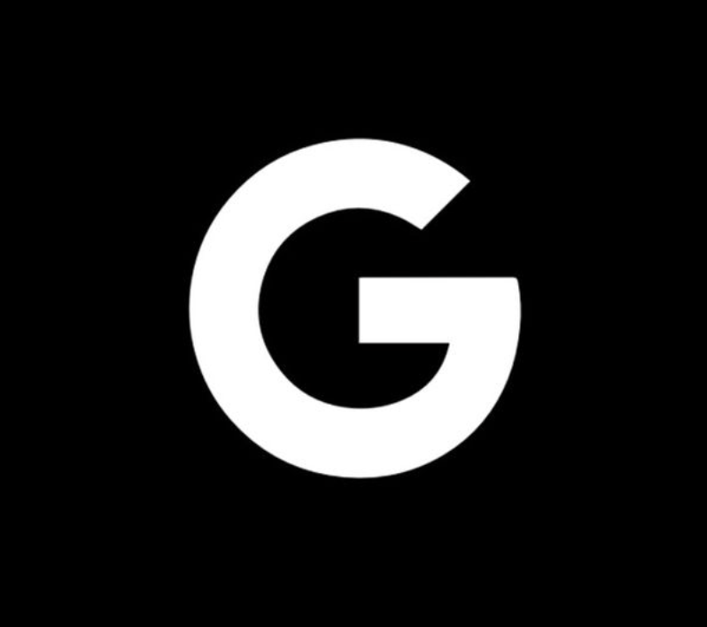 Black background with a large white capital letter G in the center.